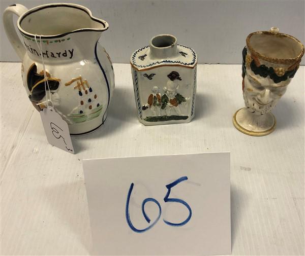 3 Pc. Early Pottery Lot-Prattware Pitcher, Cup and Tea (1 of 10)