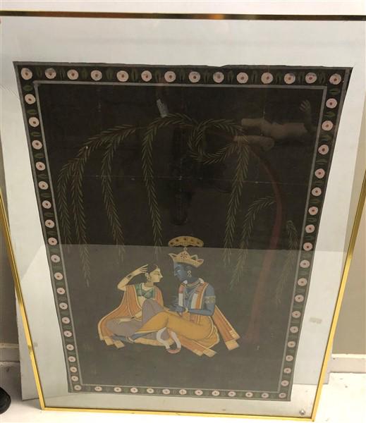 Large Indian Painting on Fabric Under Glass 40"x54" (1 of 5)