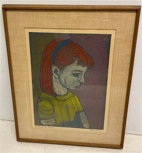 Framed Mid-Cent. Lithograph Signed AMEN 18.75"X23"h (1 of 5)