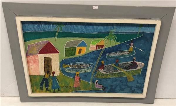 Naive Painting Signed Hilome Jose 29"x21": Naive Painting Signed Hilome Jose 29"x21"