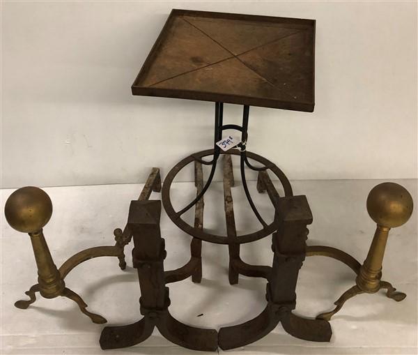2 pairs of andirons and iron table: 2 pairs of andirons and iron tableForged andirons are 22.5"h, canon ball top andirons are 19"h, table is 16.75 x 16.75" c 21"h