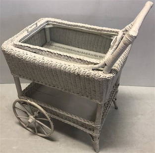 Antique Wicker Tea Cart with Butler's Tray: Antique Wicker Tea Cart with Butler's Tray