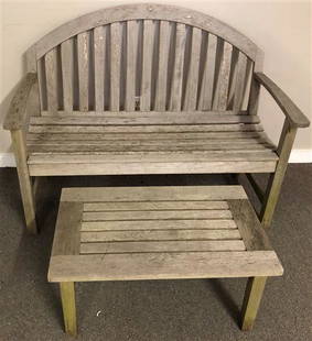 2 Pc. Teak Set Smith and Hawken: 2 Pc. Teak Set Smith and Hawken 48.25"w x 19" x 38"h to the back. 17" seatTable is 30"w x 18" x 14.25"h