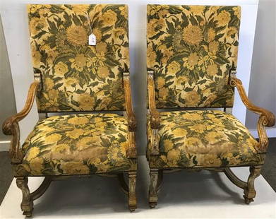 Partial Gild Decorated Upholstered Armchairs: Partial Gild Decorated Upholstered Armchairs