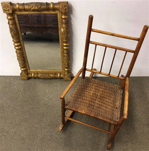 Gilt Empire Mirror and Childs Rocker 18"x25": Gilt Empire Mirror and Childs Rocker 18"x25"