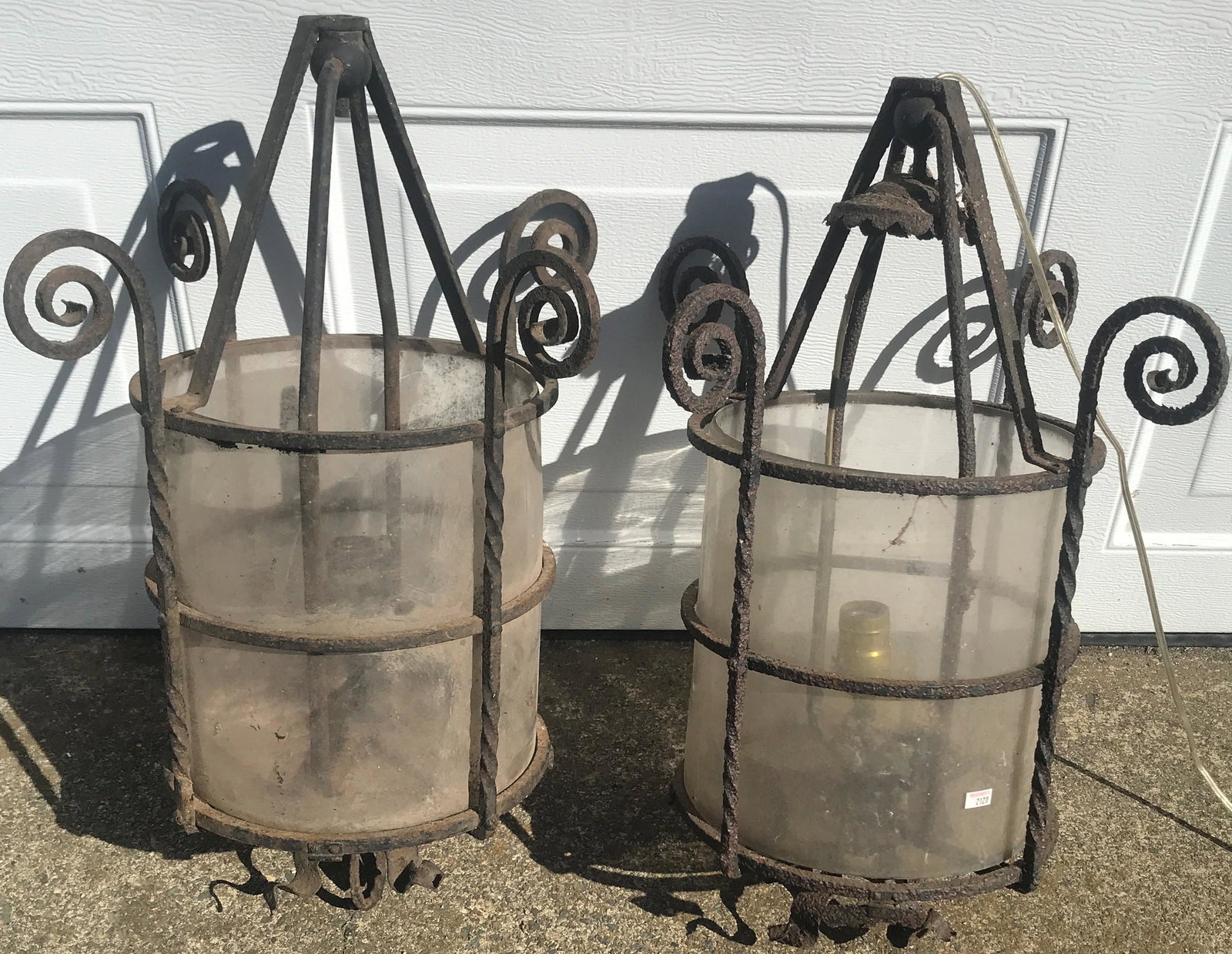 Pr. of Glass and Iron 22" Fixtures: Pr. of Glass and Iron 22" Fixtures