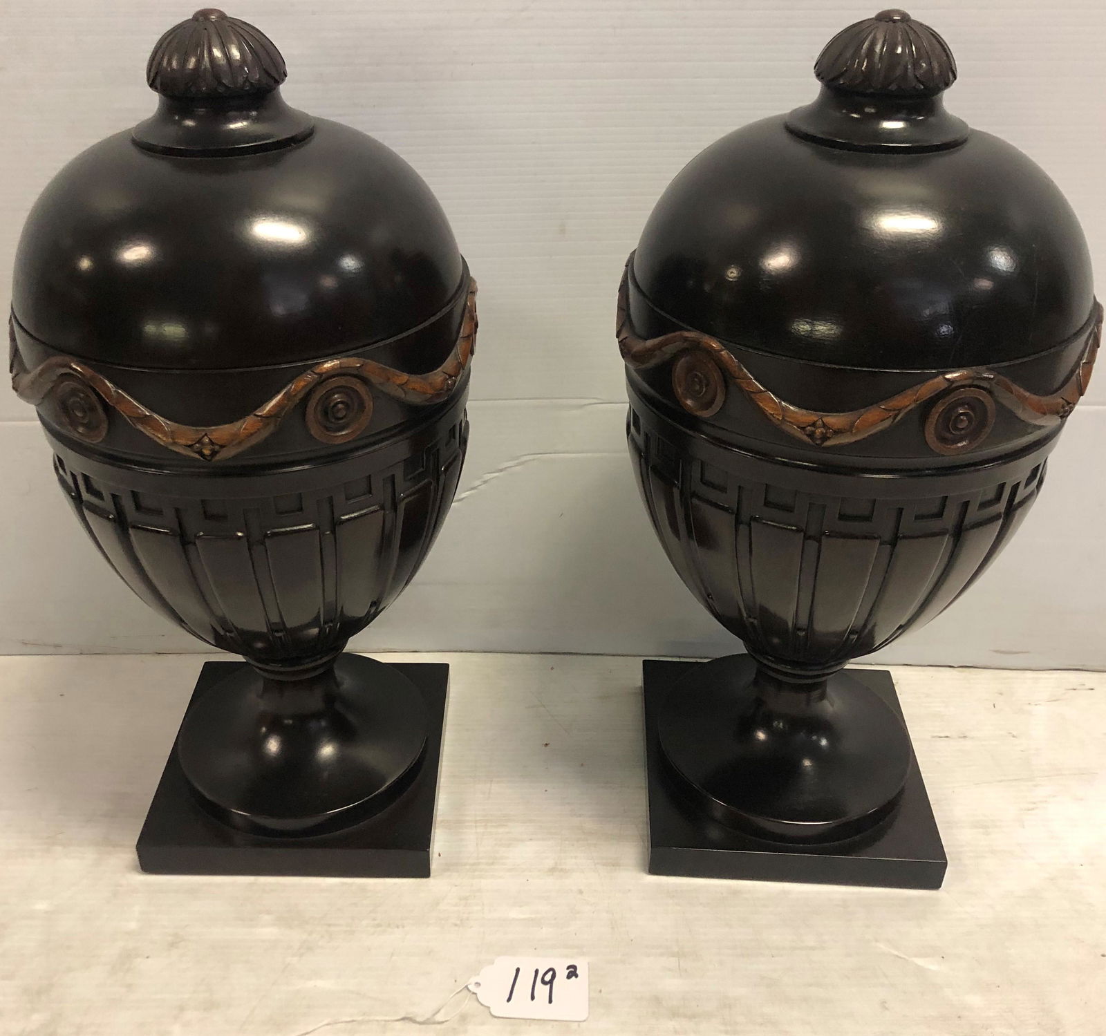 Pr. of 21.5" Classical Wooden Urns Slight Damage (1 of 4)