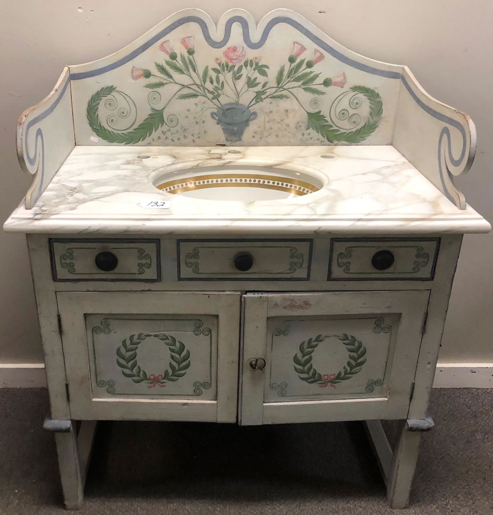 Paint Decorated Vanity with Marble Top & Porcelain Bowl (1 of 4)