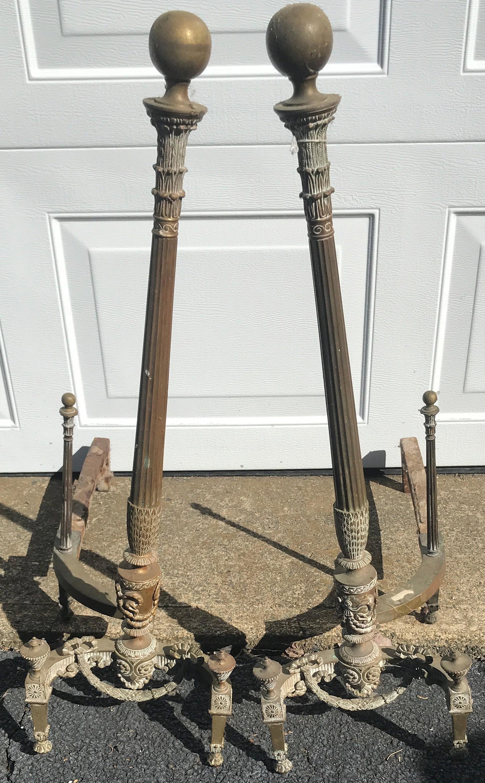 Elegant Pr. of 32" Brass Andirons: Elegant Pr. of 32" Brass Andirons
