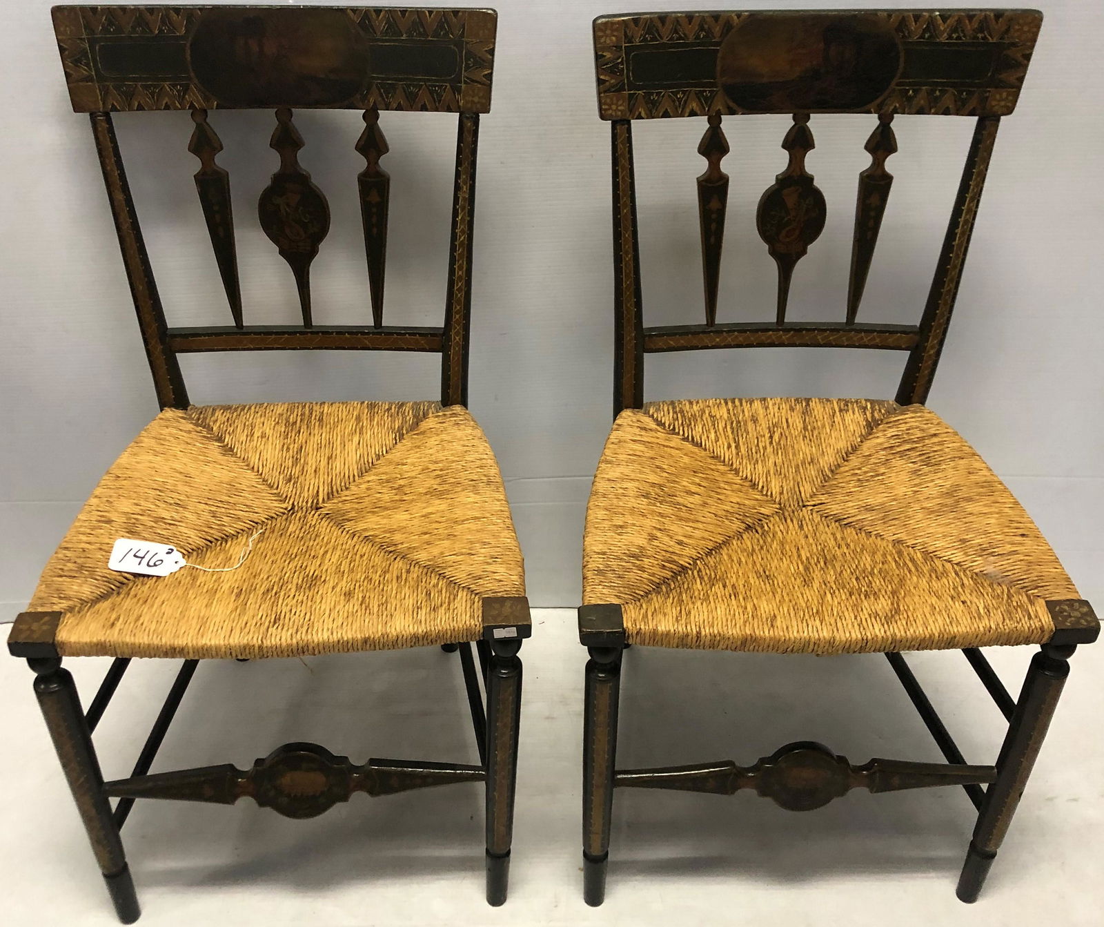 Pr. of Paint Decorated Scenic 19th Cent. Side Chairs- (1 of 9)
