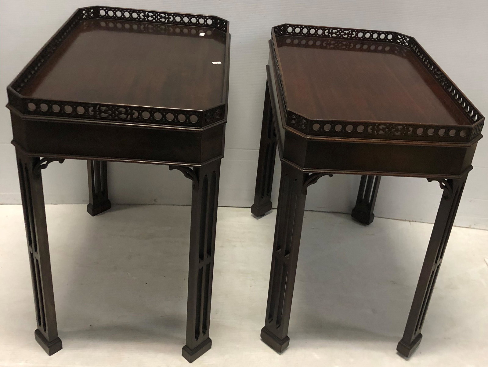 Pr. of Stylish High Quality Mahogany Nightstands with: Pr. of Stylish High Quality Mahogany Nightstands with Gallery15.5" x 24" x 26.5"h
