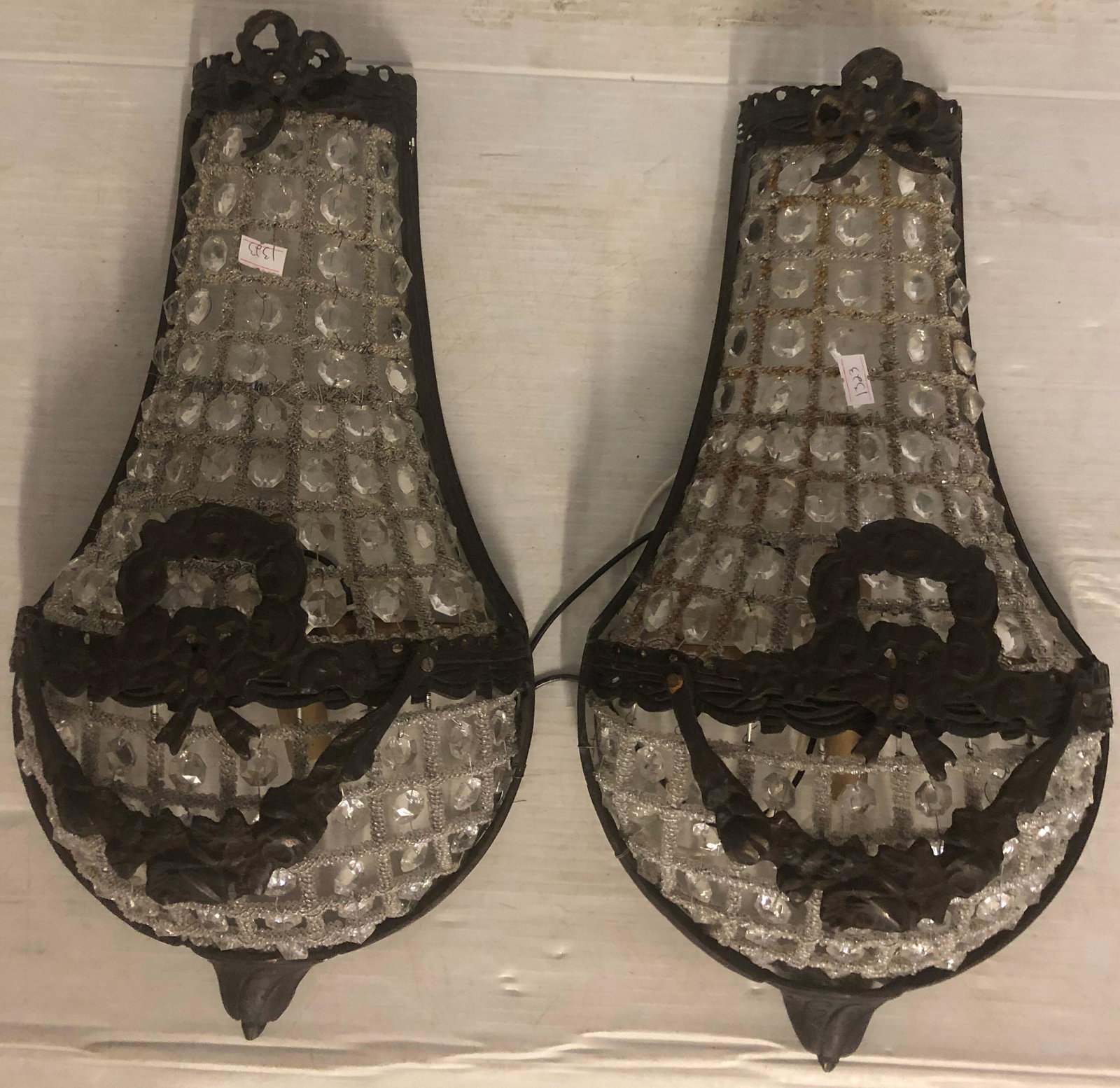 Pr of 16" Iron and Crystal Sconces: Pr of 16" Iron and Crystal Sconces
