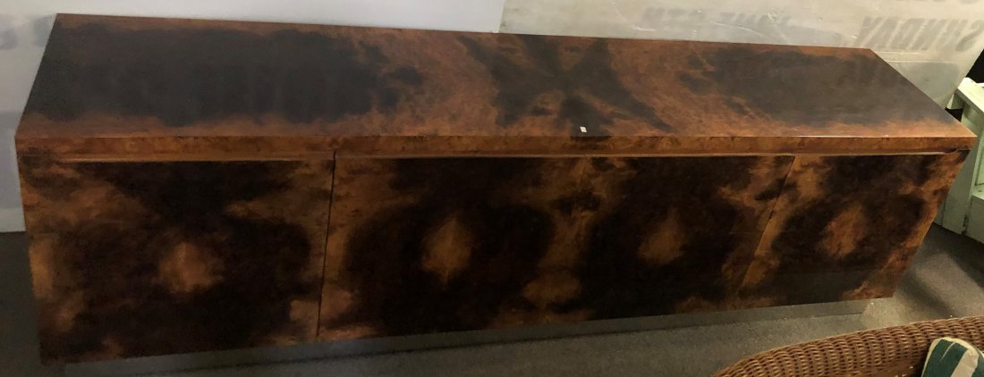 MCM Burl & Chrome 4 Door Cabinet 8: MCM Burl & Chrome 4 Door Cabinet 8'L x 21"d x 29"h