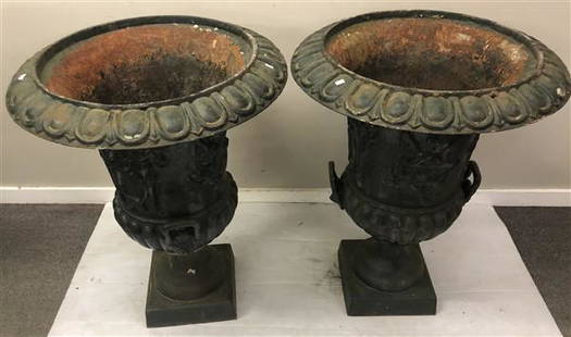 Pr. 38" Cast Iron 2 Handle Urns: Pr. 38" Cast Iron 2 Handle Urns