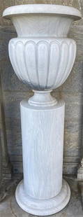 Pr. of Marble Urns/Pedestals: Pr. of Marble Urns/Pedestals cylinder is 15" round x 34"h the urn is 26"h base is 4"overall 64"h assembled