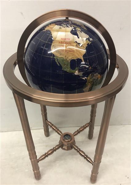 Stone Inlay 12" Globe Cradled in Steel Stand: Stone Inlay 12" Globe Cradled in Steel Stand