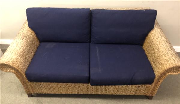 68" Seagrass Settee with Royal Blue Cushions: 68" Seagrass Settee with Royal Blue Cushions