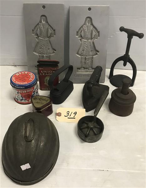 11 Pc. Lot- Irons, Tins, and Molds: 11 Pc. Lot- Irons, Tins, and Molds