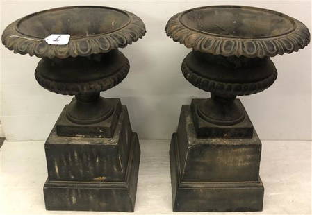 Pr. of 32" Two Part Cast Iron Urns: Pr. of 32" Two Part Cast Iron Urns