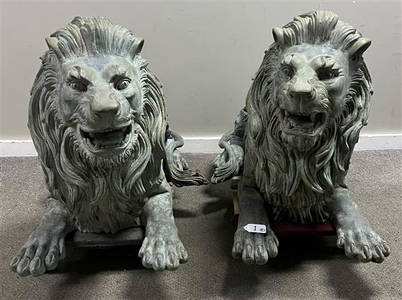 Pair of 42" Nicely Detailed Bronze Lions 27.5"h