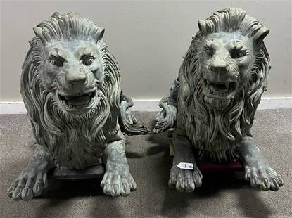 Pair of 42" Nicely Detailed Bronze Lions 27.5"h: Pair of 42" Nicely Detailed Bronze Lions 27.5"h