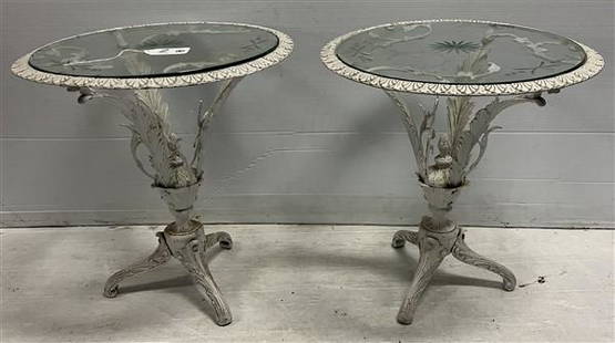 Two 18.5" Iron Stands with Etched Glass Tops: Two 18.5" Iron Stands with Etched Glass Tops