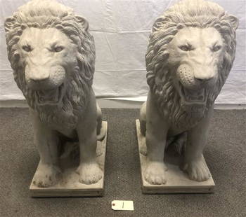 Pr. of 32" Concrete Seated Lions: Pr. of 32" Concrete Seated Lions