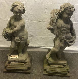 Two 32" Concrete Putti on Bases: Two 32" Concrete Putti on Bases