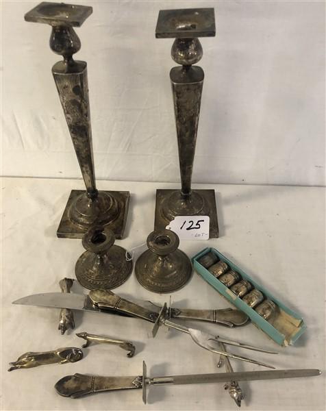 Lot of Sterling Silver and Silver Plate Table Accessories: Lot of Sterling Silver and Silver Plate Table Accessories Tall candlesticks 8 oz. - salt and pepper are 1 oz.