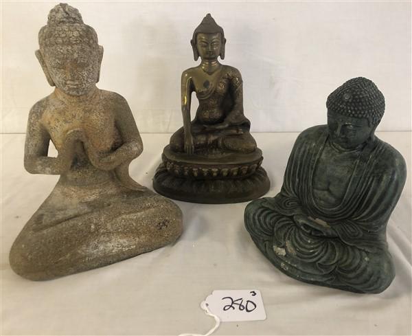 1 Bronze and 2 Cement Buddhas 9.5"-12.5"h: 1 Bronze and 2 Cement Buddhas 9.5"-12.5"h