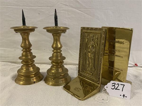 8" Bookends and brass Pricket Sticks: 8" Bookends and brass Pricket Sticks