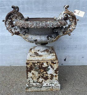 19th Century 2 part double handle urn on base: 19th Century 2 part double handle urn on basethe height of the urn and base is 27 1/2" and 19 1/2" diameter...the handles make the urn 32" tall