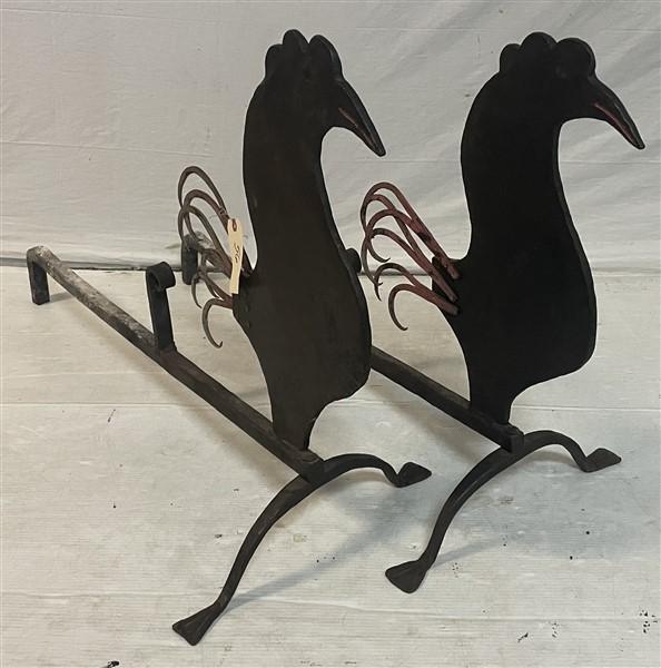 Pr. of 27"h Folk Art Iron Rooster Andirons 18"w x 39"d: Pr. of 27"h Folk Art Iron Rooster Andirons 18"w x 39"d