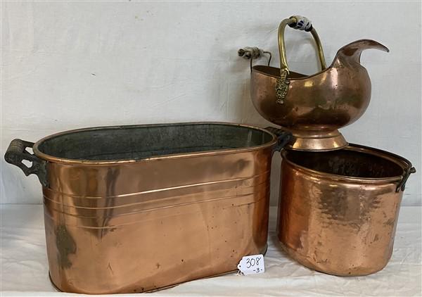 3 Copper Items: 3 Copper Items24" x 13.5" x 38"h (Not including handles) 13" x 11"h (round pot)15" x 15" x 11"h (coal scuttle not including handles)