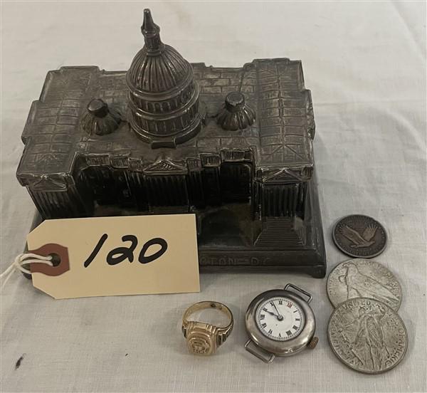 10 kt. Gold Ring (.3 ounces), Sterling Silver Watch, Silver Coins, and Small Jewelry Box (1 of 6)