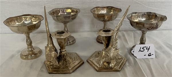 4 Silver Soldered Sorbet Dishes and Silver Plate Pheasant Candlesticks: 4 Silver Soldered Sorbet Dishes and Silver Plate Pheasant Candlesticks