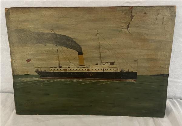 Antique Oil on Artist Board Steamship 10"x 15": Antique Oil on Artist Board Steamship 10"x 15"