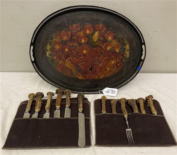 Antique Horn Handle Flatware and Tole Tray (1 of 6)