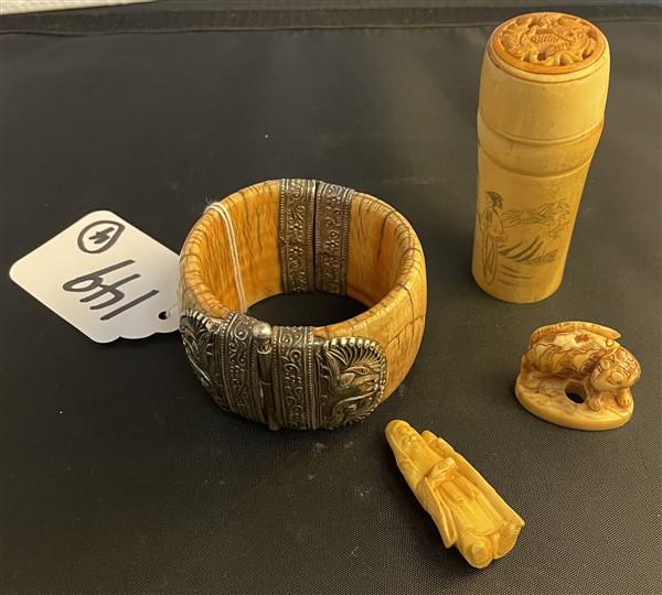 4 Pc. Bone Scrimshaw, Wood & Silver Cuff, and 2 Figures: 4 Pc. Bone Scrimshaw, Wood & Silver Cuff, and 2 Figures