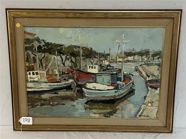 1950s Framed o/c Harbor Scene Signed Theobold 26" x 39" (1 of 9)