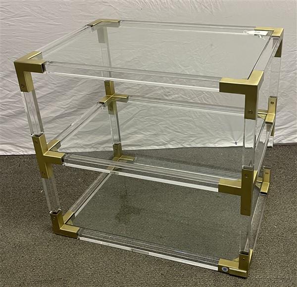 Lucite, Brass, and Glass 3 Tier Table by Jonathan Adler 20" x 28" x 27"h (1 of 5)