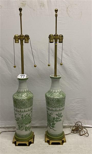 Pr. of Very Stylish Green Porcelain Marbro Lamps 42"h to top of finial (1 of 6)