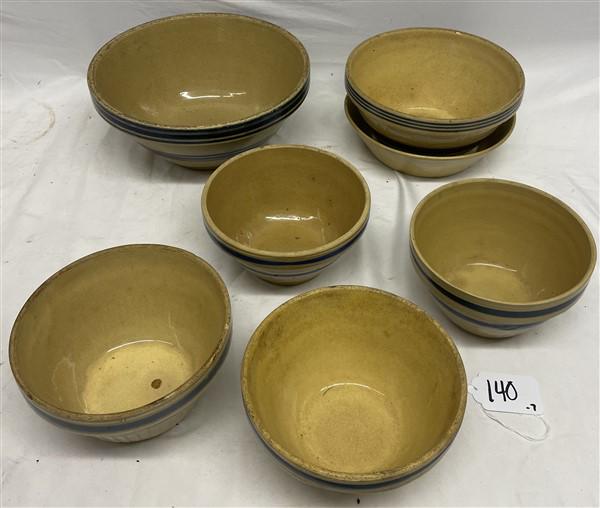 7 Yellowware Bowls 7" and 11" diameter    Underplate has chips and line (1 of 13)