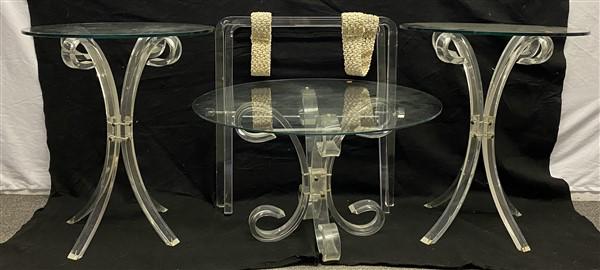 4 Pcs. of Lucite & Glass 3 Tables and 1 Luggage Rack: 4 Pcs. of Lucite & Glass 3 Tables and 1 Luggage Rack