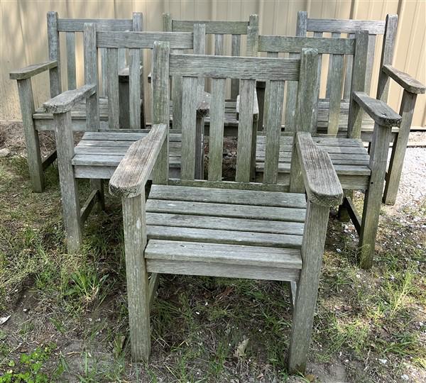 6 Weathered Teak Arm Chairs: 6 Weathered Teak Arm Chairs
