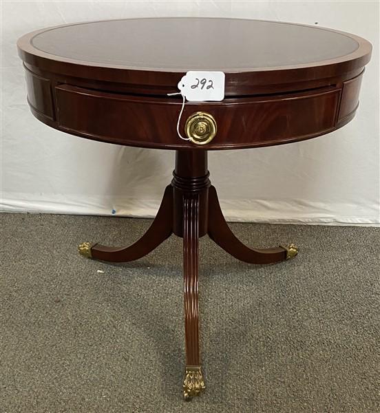 Mahogany Drum Table with Tooled Leather Top Council Furniture: Mahogany Drum Table with Tooled Leather Top Council Furniture