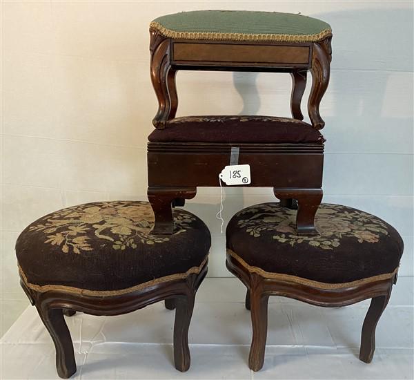 4 Antique and Vintage Needlepoint Footstools 2 Larger Footstools- 19" diameter x 14"h (1 of 4)