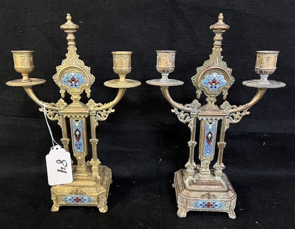 Pr of 13" Brass and Enamel 2 Arm Candleabras: Pr of 13" Brass and Enamel 2 Arm Candleabras