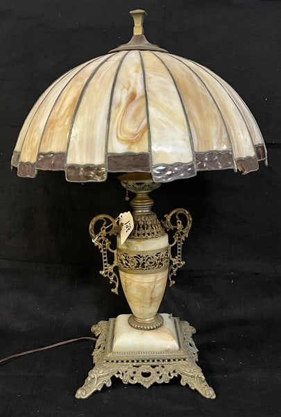 Alabaster & Brass Lamp with Leaded Shade 26" high: Alabaster & Brass Lamp with Leaded Shade 26" high