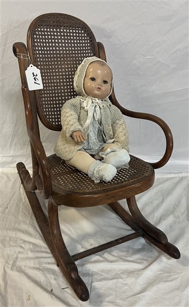 Antique Doll in Thonet Rocker: Antique Doll in Thonet Rocker